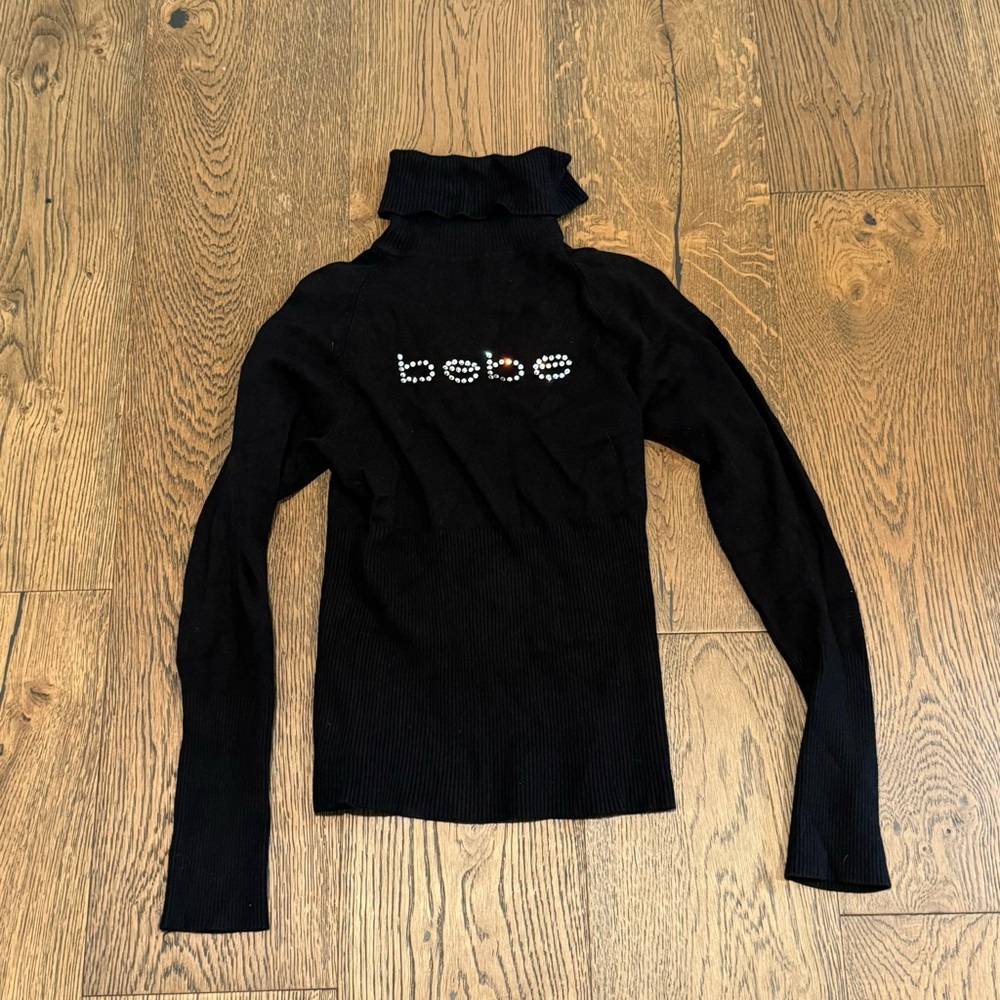 Y2K Bebe Black Turtleneck Sweater With Rhinestone Logo